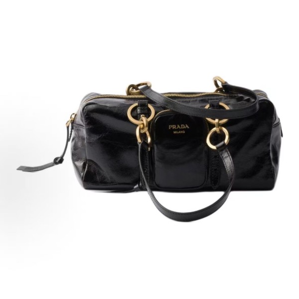 PRADA Dangle brand logo zipper opening single-shoulder handbag, medium size for women, black